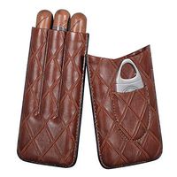 Volenx Plaid Pattern Leather Cigar Case,3-Fingers Travel Humidor Cigar Box with Cigar Cutter for Trip(Dark Brown)