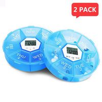 YepLife Automatic Pill Dispenser, Round Weekly 7-Day Electric Medicine Pill Organizer Case with Removable LED Alarm Timer - 2 Pack (Blue)