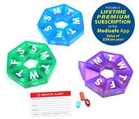 Weekly 7-Sided Pill Organizer - 3 Pack 1 of each Blue, Green & Purple Small Pill Box for Travel with Bonus Medical Alert Card, Unconditional Guarantee and Premium Lifetime Subscription to Medisafe App