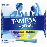 Tampax Pearl Active Tampons with Plastic Applicator, Triple Pack, Light/Regular/Super Absorbency, Unscented, 34 Count