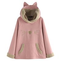 HIRIRI Fleece Jacket Women Pullover Hoodie Sweatshirt Cat Ear Pocket Solid Winter Oversized Outwear Pink