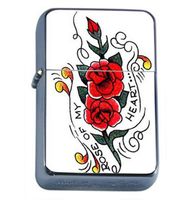 Rose of my Heart Tattoo Retro Windproof Refillable Flip Top Oil Lighter with Tin Gift Box D-340