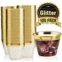 100 GOLD GLITTER GOLD RIMMED Plastic Cups ~ 9 Oz Disposable Wedding Party Cup ~ Old Fashioned Tumblers by F-32 Signature Collection