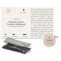 Cora Organic Cotton Tampons with BPA-Free Plastic Compact Applicator; Chlorine & Toxin Free - Variety Pack - Regular/Super (72)