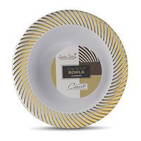 [40 Count - 12 Oz Bowls] Laura Stein Designer Tableware Premium Heavyweight Plastic White Soup Bowl With Gold Designed Border, Party & Wedding Plate Curve Series Disposable Dishes