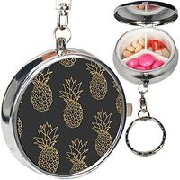Portable Metal Pill Organizer Keychain Case Stash Box with 3 Compartments for Medicine Vitamin (Gold Pineapples On Dark)