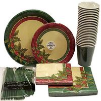 Festive Greenery Party Supply Bundle for 8 Guests - Dinner & Luncheon Plates, Luncheon & Beverage Napkins, Cups, Assorted Cutlery (6 Items)