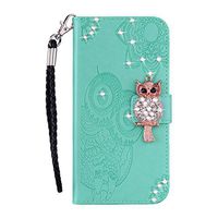 Cfrau Diamond Kickstand Case with Black Stylus for Samsung Galaxy A60,Luxury Embossed Crystal 3D Owl Flower Bling Glitter Wallet PU Leather Shockproof Soft TPU Wrist String Case - Mint Green