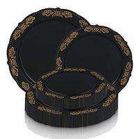 Elegant Disposable Plastic Heavy Duty Party Plates 240 Count - 120 Pcs Round Black with Gold Nice Dinner Plates + 120 Pcs Fancy Dessert Plates Combo For Wedding, Thanksgiving, Birthday & All Occasions