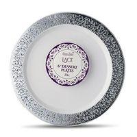 [10 Count - 6 Inch Plates] Laura Stein Designer Tableware Premium Heavyweight Plastic White Dessert Plates With Silver Border, Party & Wedding Plate, Lace Series, Disposable Dishes
