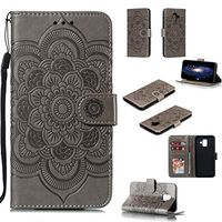 Cfrau Wallet Case with Black Stylus for Samsung Galaxy A6 2018,Beautiful Mandala Sunflower Embossed PU Leather Magnetic Flip Stand Soft Silicone Card Slots Case with Wrist Strap - Gray