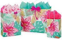 Gift Bags, 3 Assorted Sizes, Bundled with Coordinating Tissue Paper and Raffia Ribbon (Tropical Paradise)