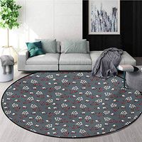 Floral Modern Machine Washable Round Bath Mat,Spring Petals Inspirational Branches Mother Nature Japanese Botany Non-Slip Living Room Soft Floor Mat,Round-59 Inch Grey Pale Peach Vermilion