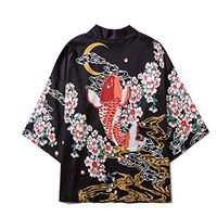 Litetao L Black 691710 (Men Japanese Kimono Cardigan Cranes Embroidery Jacket Vintage Loose Japanese Coat Top Kimono Seven Sleeves Open Front Coat)