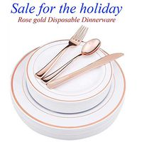 Disposable 125 Pieces Rose Gold Plastic Silverware Set, Disposable Plastic Plates dinnerware Plastic Place Setting include 25 Dinner Plates, 25 Salad Plates, 25 Forks, 25 Knives, 25 Spoons Rose Gold