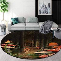 RUGSMAT Mushroom Modern Washable Round Bath Mat,Mushrooms in Deep Dark Forest Fantasy Nature Theme Earth Path Mystical Image Non-Slip Bathroom Soft Floor Mat Home Decor,Diameter-39 Inch