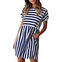 ✿HebeTop✿ Women Summer Short Sleeves Striped O Vevk Mini Dress Beach Blouse Blue