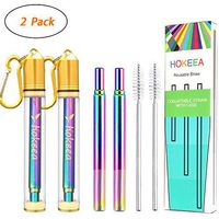 Hokeea 2 Pack Rainbow Reusable Straw with Transparent Slim Case,Silicone Tip and Keychain,Portable Folding Stainless Steel Drinking Straws,Collapsible Metal Travel Straw(Gold)