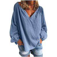 Meikosks Women's Blouses Lantern Sleeves V Neck T Shirt Loose Plus Size Tops Solid Color Pullover Blue