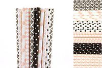 Light Pink and Black Paper Straws Mix - Damask, Polka Dots, Diamond (50)