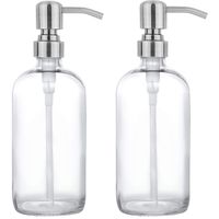 2 Pack Thick Clear Glass Pint Jar Soap Dispenser with Silver Stainless Steel Pump, 16ounce Clear Boston Round Bottles Dispenser with Rustproof Pump for Essential Oil, Lotion Soap