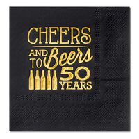 Crisky 50th Birthday Cocktail Napkins Black and Gold, Beverages Napkins for 50th Birthday Anniversary Decorations Cheers and Beers to 50 Years, 50 PCS, 3-Ply