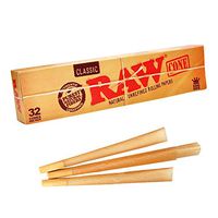 Raw Classic Natural Unrefined King Size PreRolled Rolling Paper Cones 32 Per Box