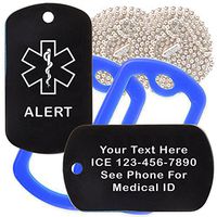 Custom 2 Pack - Alert Medical Alert ID Necklaces with Black Custom Tags, Blue Silencers, and 30'' USA Chains