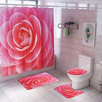 Naiflowers 4 Piece Non-Slip Bathroom Toilet Rug Mats pad & Rug Contour& Shower Curtain with Hooks & Lid Cover, Washable Bath Shower Curtain Carpet for Entryway Kitchen,Floral Flower