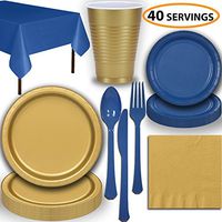 Disposable Party Supplies, Serves 40 - Gold and Blue - Large and Small Paper Plates, 12 oz Plastic Cups, Heavyweight Cutlery, Napkins, and Tablecloths. Full Two-Tone Tableware Set