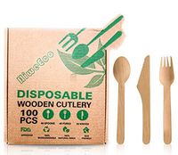 100 Compostable biodegradable durable Eco friendly Wooden forks and spoons 40 Forks, 40 Spoons, 20Knives Set Alternative to Plastic Cutlery Biodegradable 100 pack