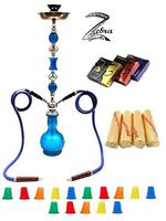 Zebra Smoke Series: 32" 2 Hose Sunshine (C1) Hookah Complete Set Combo KIT w/Instant Charcoal (Like Three Kings Charcoal) (Blue)