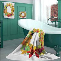 Harvest Hand Towel, Personalized Gift, Set of 3, Healhy Dinner Ingredients Harvest Wreath with Red Bowknot Fresh Organic Options, Lightweight, Quick Dry Towel, for Beach, Travel, Swim, Camping