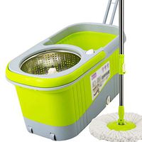 XUE Double drive rotary mop, household hand-free mop detachable double barrel drag handle automatic drying tray Mop set (Color : Green)