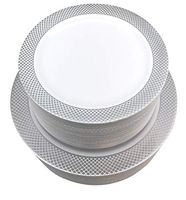 100 Pack Disposable Plastic Plates Ideal for Weddings,Banquets,Engagements,Birthdays, Anniversary, Includes 50 Plastic Dinner Plates 10.25 Inch,50 Salad/Dessert Plates 7.5 Inch (Silver Checkered)