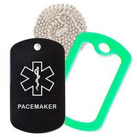 Pacemaker Medical Alert ID Necklace with Black Tag, Green Silencer, and 30'' USA Chain - 154 Color Choices