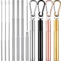 4 Pieces Portable Stainless Steel Straw Set Metal Telescopic Straw Reusable Folding Straw with Cleaning Brush Stainless Steel Carrying Case Keychain (Silver Straw, Silver Rose Gold Black Gold)