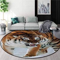 RUGSMAT Tiger Art Deco Pattern Non-Slip Washable Round Area Rug,Close-Up of Panthera Tigris Altaica Siberian Giant Feline Russian Predator Foam Mat Living Room Decor,Round-59 Inch Pale Brown Black