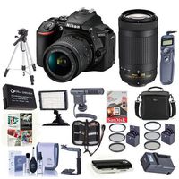 Nikon D5600 DSLR Camera Kit with AF-P DX NIKKOR 18-55mm f/3.5-5.6G VR and AFP DX 70-300/4.5-6.3G Lenses, Black - Bundle with Camera Case, 64GB SDxC Card, Spare Battery, Tripod, Video Light and More
