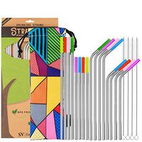 SEIVAN Straws Set of 16 Stainless Steel Reusable Metal Straws with Silicone Tip - Metal Drinking Straws for 30oz 20oz Yeti RTIC Tumbler - 16 Steel Straws, 16 Silicone Tips, 4 Cleaning Brush, Pouch