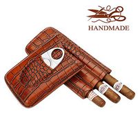 Time C club Cigar Case Leather for 3 Cigars Crocodile Skin-Style Burgundy Leather,Cigar case with Cigar Cutter, Groomsmen Gift, Birthday Gift, Fathers Day Gift, Anniversary Gift