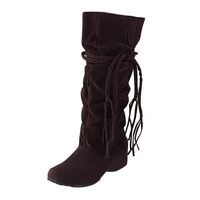 BIKETAFUWY Knee High Boots,Women's Round Toe Mid-Calf Flats Anti-Slip Platform Fringe Shoes Suede Thigh High Booties Brown