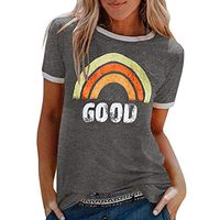 Coupondeal Women Summer Letters Printing Short Sleeve Shirt Casual Tunic Tops Blouse(Dark Gray,L)