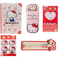 Sanrio Japan Hello Kitty Merchandise Stationary Gift Set for her : 5 Items include Icon Paper Clip, Post Note, Adorable Pencil Pouch, Cute Notebook and Pen Set (Red Version)