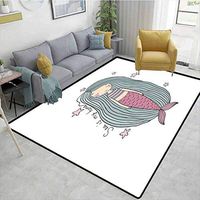 Bigdatastore Mermaid High Traffic Area Rug Kids, Sea is My Home Quote Written in Strand of Hair Girl Sleeping with Stars, Fashionable High Class Living Dinning Room(6'x 9')