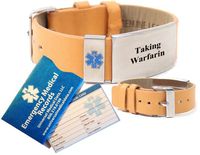 Pre-Engraved"Taking Warfarin" Medical Alert Identification Tan Top Grain Leather Wrist Band