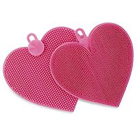 2 Piece Silicone Scrub Sponges Set - Double-Sided Pink BPA Free Rubber Scrubbers with Air-Dry Suction Cups and Hook Holes and Leopard Print Packaging