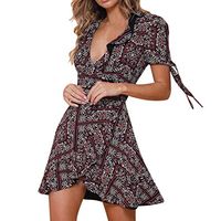 LISTHA Boho Summer Miini Dress Women Floral V Neck Flare Lace Up Short Sleeve Brown