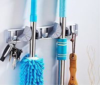 Luchuan Space Aluminum Mop and Broom Holder Or Garden Tool Organizer,No Drill on the Wall (2 position with 3 hooks)
