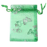 100pcs Organza Wedding Party Gift Bags Butterfly Drawstring Pouches Jewelry Gift Bags Christmas Party Gift Favor Bags (6"x9", Green)